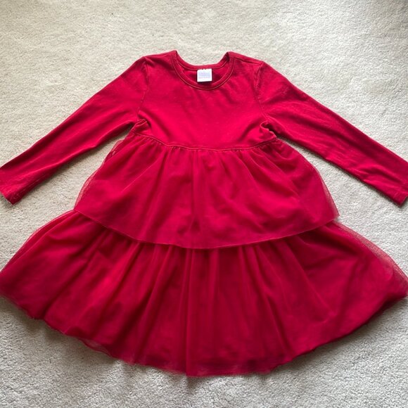 Hanna Andersson Red Tiered Tulle Long Sleeve Twirl Dress Girls Size 5 - Picture 2 of 9